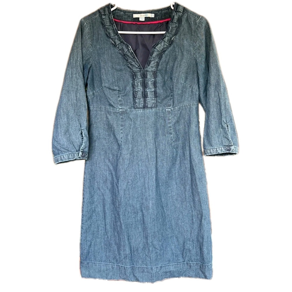 Boden Denim Zip Lined 3/4 Sleeve Dress Minimalist Chic Women US 6R 100% Cotton